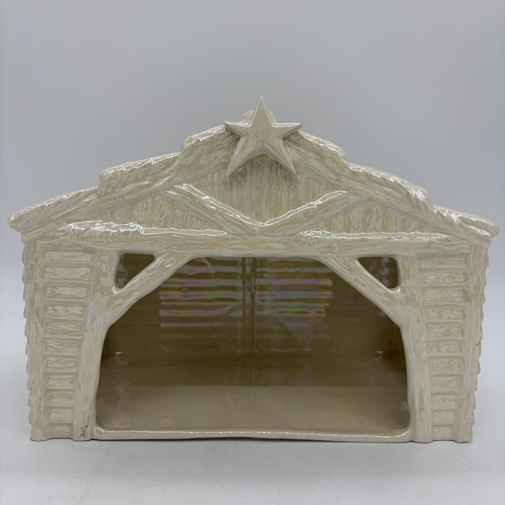 Vintage White Iridescent Ceramic Nativity Stable Manger Creche Christmas Star